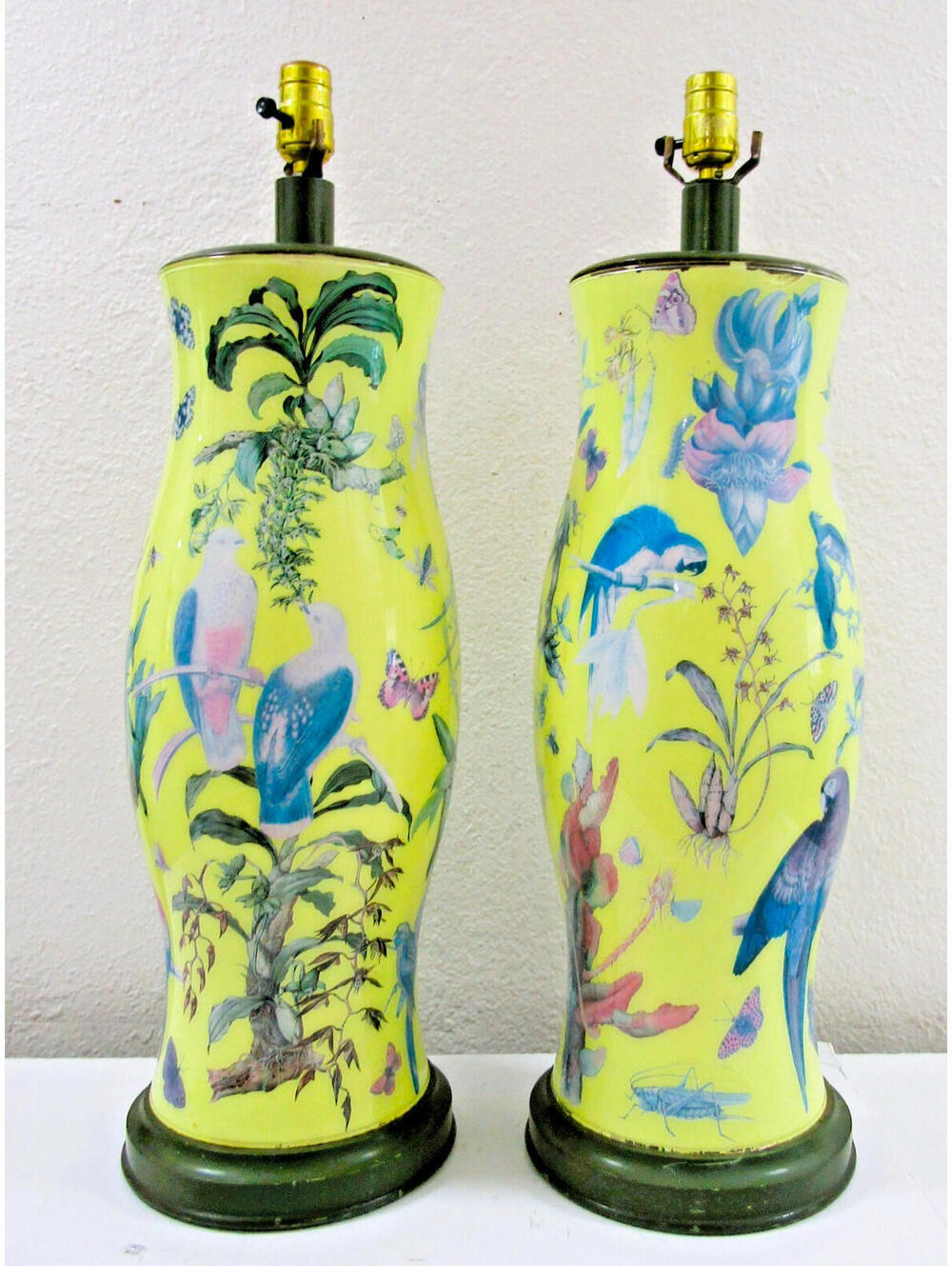 Pair of English Mid-Century Palm Beach Reverse Decoupage Botanical Table Lamps
